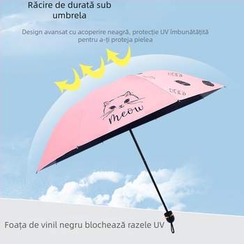 Umbrelă pliabilă cu design pisică desen animat, imprimare logo, UPF>40, 8 brațe din oțel, pânză 190T
