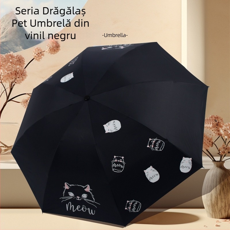 Umbrelă pliabilă cu design pisică desen animat, imprimare logo, UPF>40, 8 brațe din oțel, pânză 190T