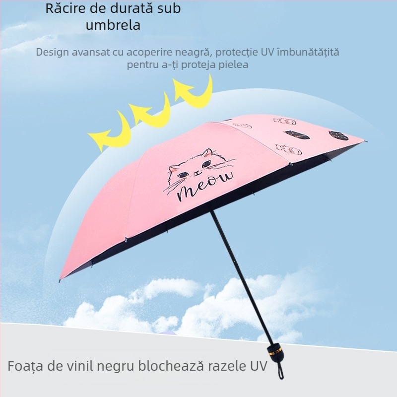 Umbrelă pliabilă cu design pisică desen animat, imprimare logo, UPF>40, 8 brațe din oțel, pânză 190T