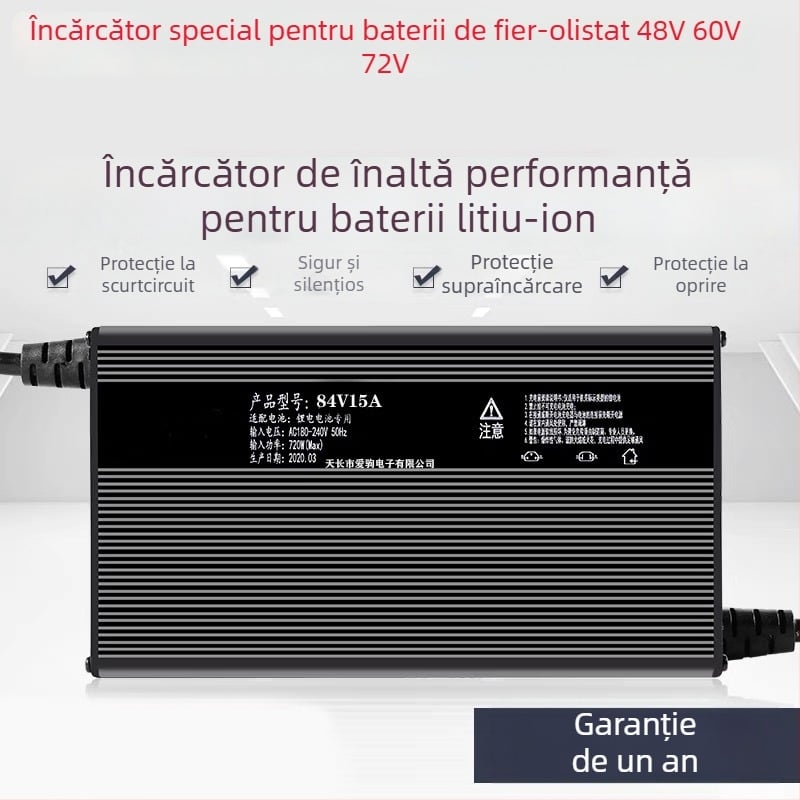 Încărcător pentru baterii LiFePO4 60-72V, 15A — seria 48-72V, CE certificat, intrare 100-240V ~1.7A 50-60Hz