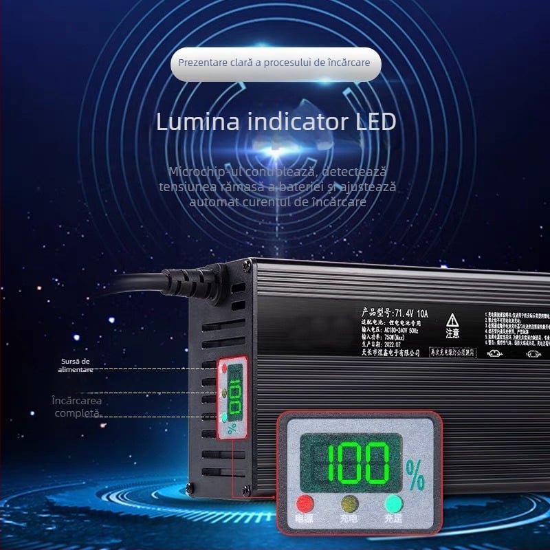 Încărcător pentru baterii LiFePO4 60-72V, 15A — seria 48-72V, CE certificat, intrare 100-240V ~1.7A 50-60Hz