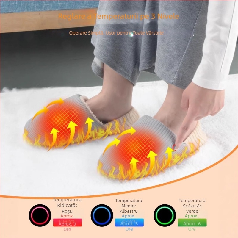 Papuci încălziți electric din bumbac, pentru interior, cu reglaj al temperaturii în trei trepte, anti-derapare, moi la atingere, unisex