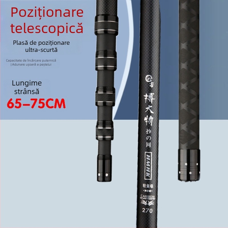 Tijă telescopică din fibră de carbon pentru plasă de pescuit, 5 secțiuni, construcție extrem de solidă pentru pescuit în lacuri negre