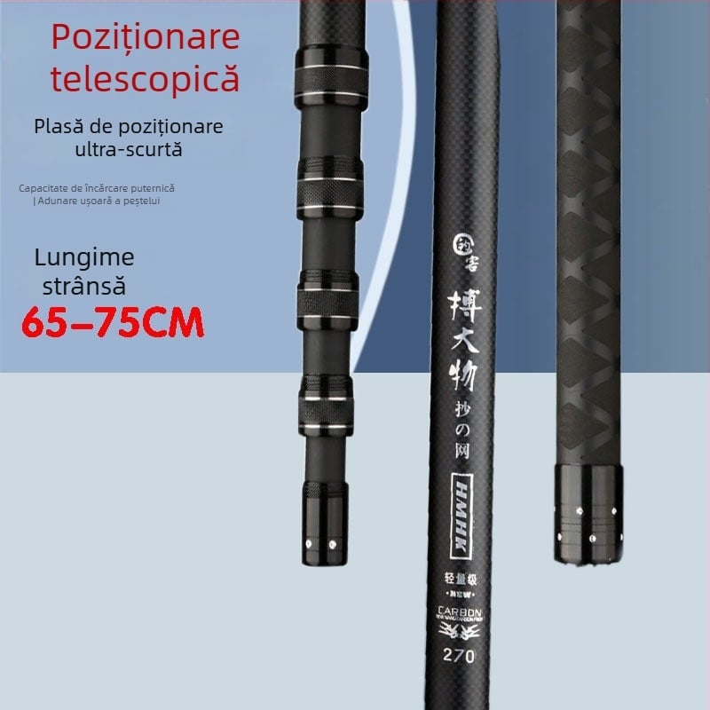Tijă telescopică din fibră de carbon pentru plasă de pescuit, 5 secțiuni, construcție extrem de solidă pentru pescuit în lacuri negre