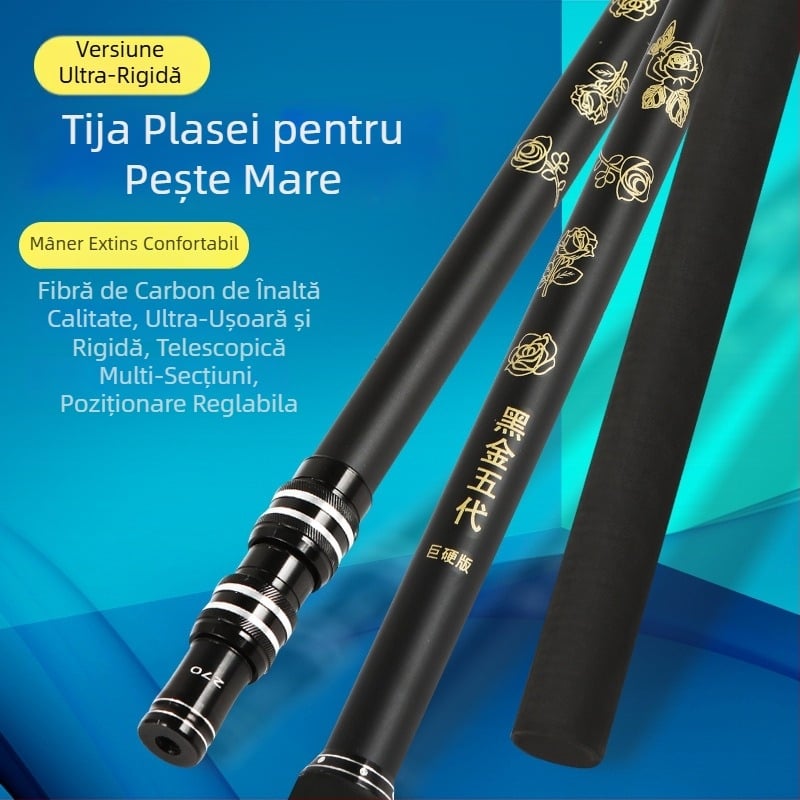 Tijă pentru plasă din fibră neagră-galbenă, cu mâner din spumă, din fibră de carbon pentru pești mari