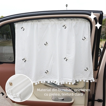 Parasolar auto pentru geamul lateral, din bumbac, cu motiv brodat ursuleț, reglabil telescopic