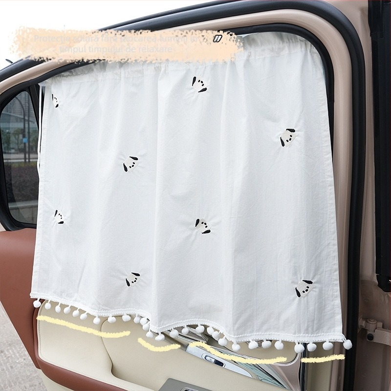 Parasolar auto pentru geamul lateral, din bumbac, cu motiv brodat ursuleț, reglabil telescopic