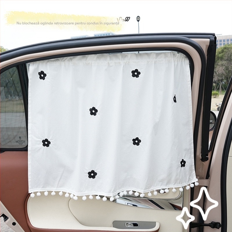 Parasolar auto pentru geamul lateral, din bumbac, cu motiv brodat ursuleț, reglabil telescopic