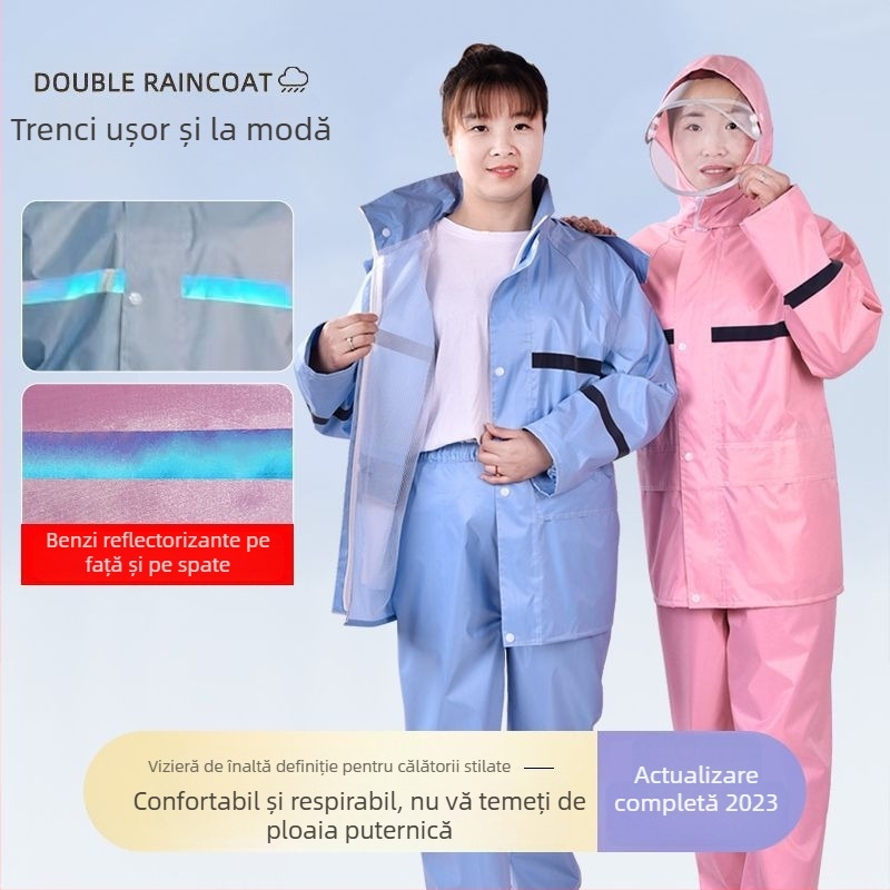 Set impermeabil pentru femei format din geacă de ploaie și pantaloni, protecție totală împotriva ploilor, elemente reflectorizante, pentru ciclism în aer liber, mărime redusă.