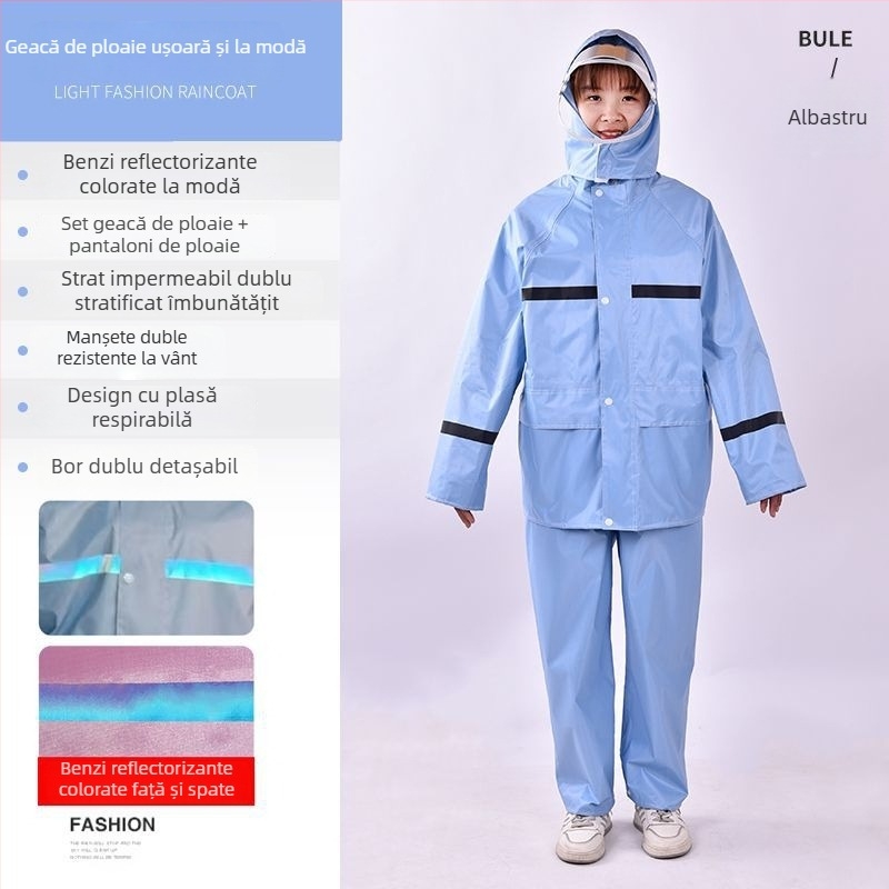 Set impermeabil pentru femei format din geacă de ploaie și pantaloni, protecție totală împotriva ploilor, elemente reflectorizante, pentru ciclism în aer liber, mărime redusă.