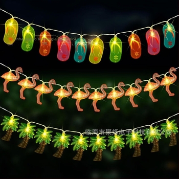 Șir de lumini LED pentru decor plajă cu forme de palmier, cocos și flamingo; 10/20 LED; IP43; 3000K; alimentare cu baterie; întrerupător manual