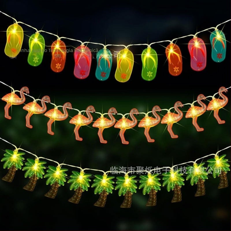 Șir de lumini LED pentru decor plajă cu forme de palmier, cocos și flamingo; 10/20 LED; IP43; 3000K; alimentare cu baterie; întrerupător manual