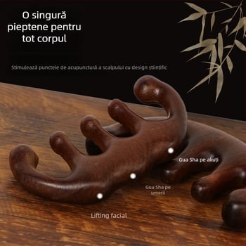 Pieptene din lemn pentru masajul scalpului, cu cap rotund și dinți late, stil japonez