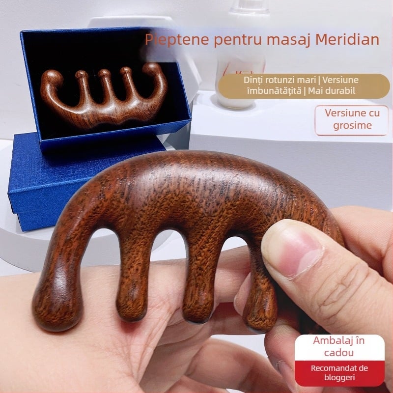 Pieptene din lemn pentru masajul scalpului, cu cap rotund și dinți late, stil japonez