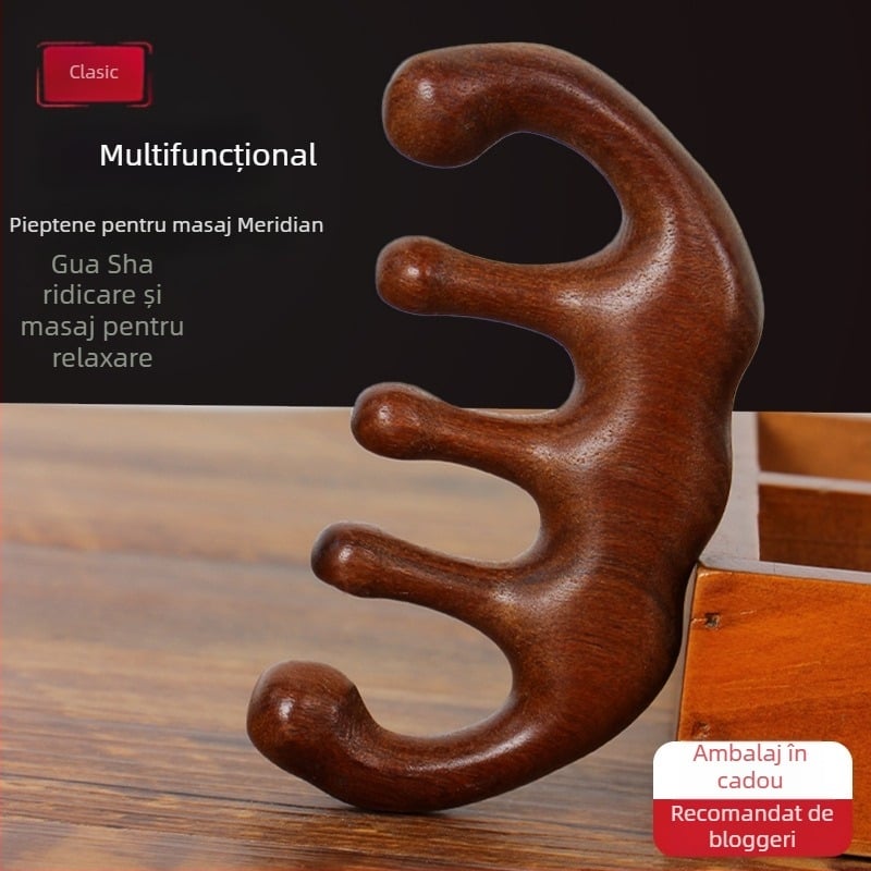 Pieptene din lemn pentru masajul scalpului, cu cap rotund și dinți late, stil japonez