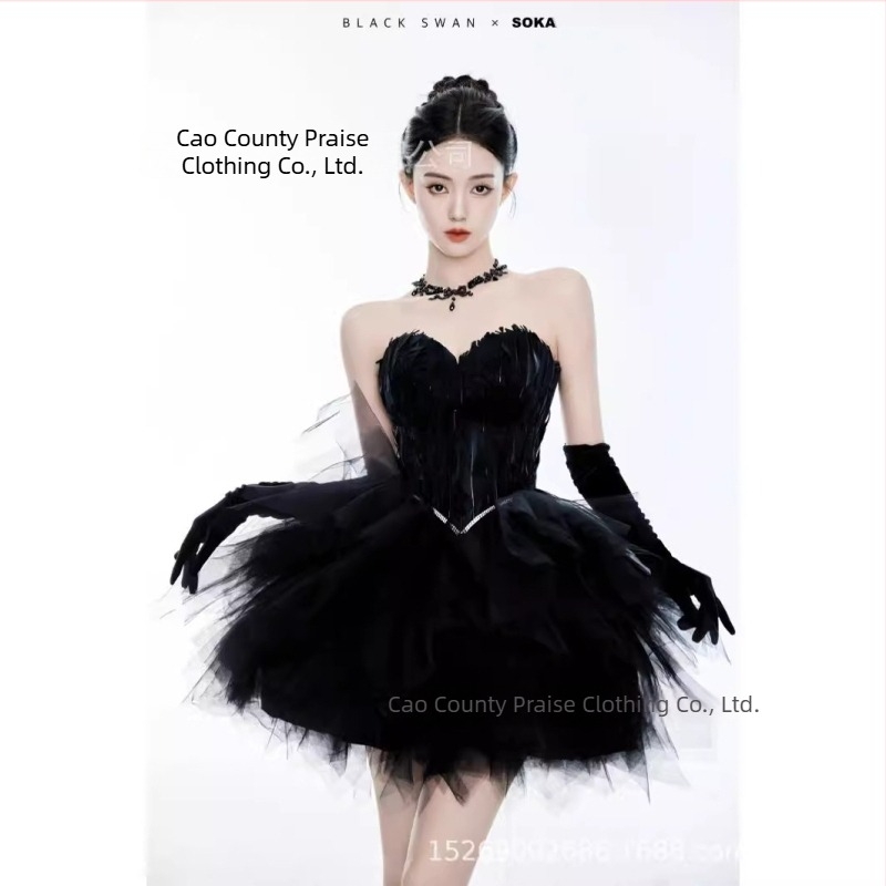 Costum de studio pentru fotografie, costum de scenă — top din material cu pene de lebădă în stil elf și fustă scurtă, poliester 70–80% conținut, iarna 2023, pentru vârsta 18–24 ani