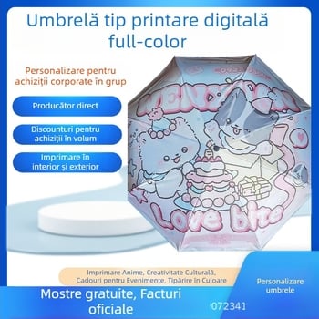 Umbrelă de ploaie pliabilă pentru reclamă, cu logo imprimat, personalizabilă; cadru din fier cu 8 spițe, deschidere și închidere manuală; țesătură 190T cu vinil lipit; mâner din plastic
