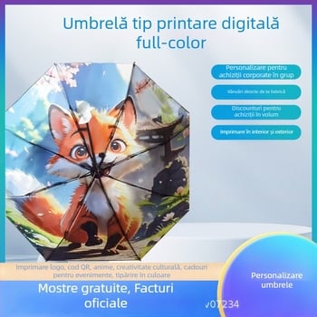 Umbrelă de ploaie pliabilă pentru reclamă, cu logo imprimat, personalizabilă; cadru din fier cu 8 spițe, deschidere și închidere manuală; țesătură 190T cu vinil lipit; mâner din plastic