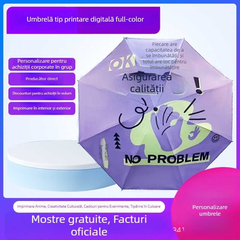Umbrelă de ploaie pliabilă pentru reclamă, cu logo imprimat, personalizabilă; cadru din fier cu 8 spițe, deschidere și închidere manuală; țesătură 190T cu vinil lipit; mâner din plastic
