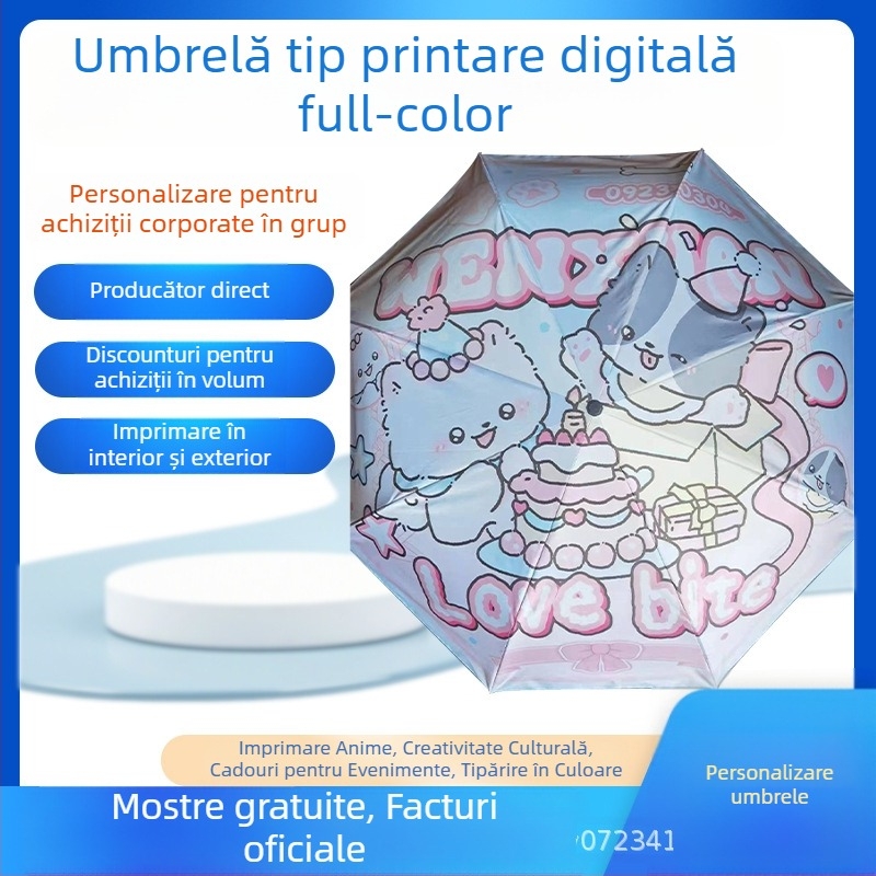 Umbrelă de ploaie pliabilă pentru reclamă, cu logo imprimat, personalizabilă; cadru din fier cu 8 spițe, deschidere și închidere manuală; țesătură 190T cu vinil lipit; mâner din plastic