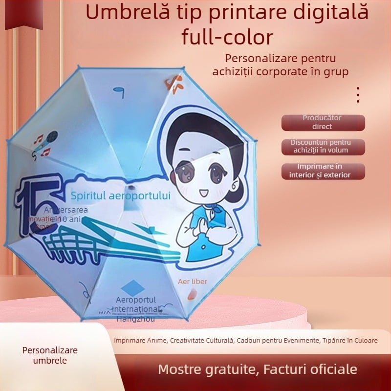 Umbrelă de ploaie pliabilă pentru reclamă, cu logo imprimat, personalizabilă; cadru din fier cu 8 spițe, deschidere și închidere manuală; țesătură 190T cu vinil lipit; mâner din plastic