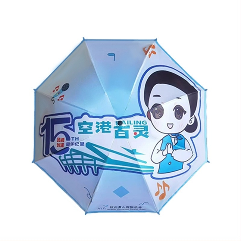 Umbrelă de ploaie pliabilă pentru reclamă, cu logo imprimat, personalizabilă; cadru din fier cu 8 spițe, deschidere și închidere manuală; țesătură 190T cu vinil lipit; mâner din plastic