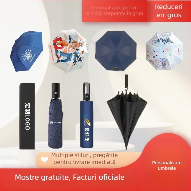 Umbrelă de ploaie pliabilă pentru reclamă, cu logo imprimat, personalizabilă; cadru din fier cu 8 spițe, deschidere și închidere manuală; țesătură 190T cu vinil lipit; mâner din plastic