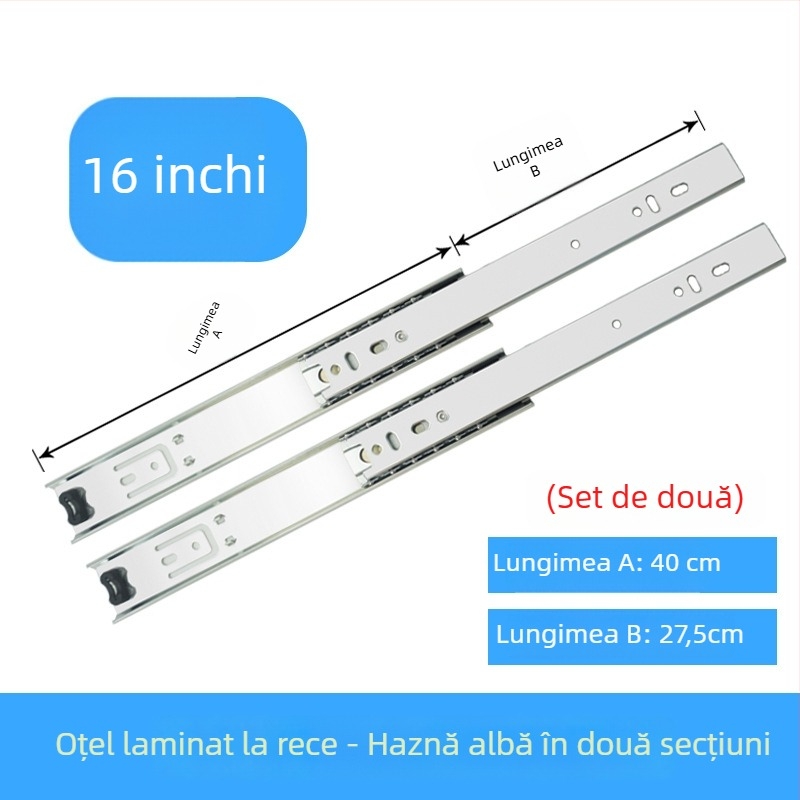 Șină glisantă cu două secțiuni pentru tastaturi și sertare, din oțel cu finisaj galvanizat, modelul 3512