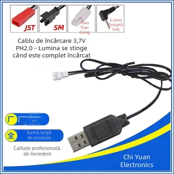 Cablu USB de încărcare pentru baterie Li-polimer 3,7V cu conector PH2.0, LED indicator și protecție (Intrare: 5V 0,5–2A; Ieșire: 3,7V 500mA; CE)