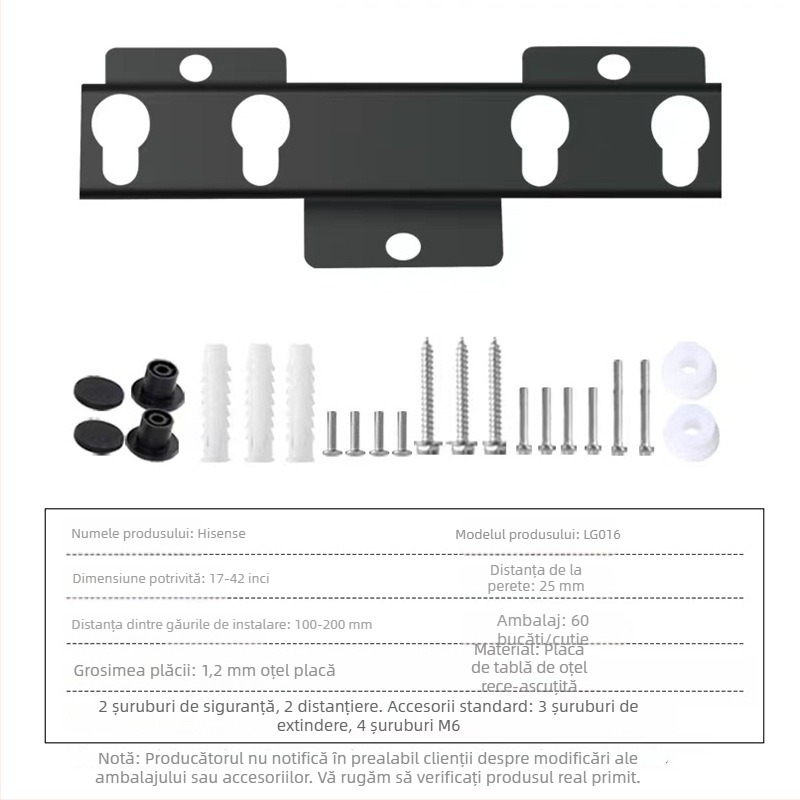 Suport de perete pentru TV LG016 — braț din oțel, control mecanic, compatibil cu televizoare Hisense de 26–43 inch, încărcare peste 15 kg
