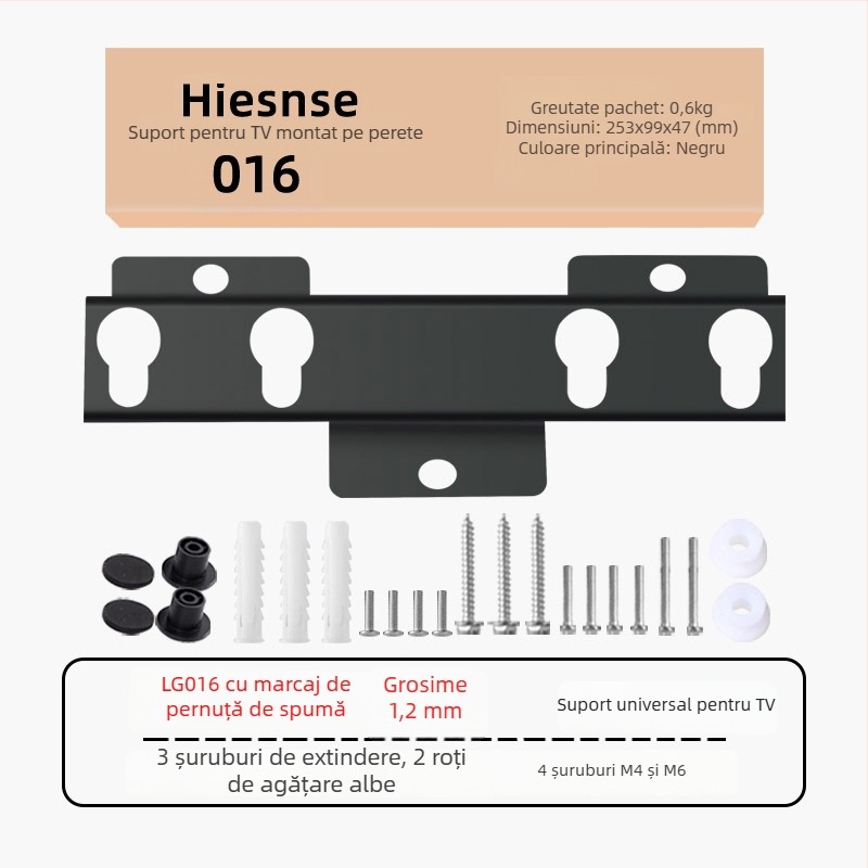 Suport de perete pentru TV LG016 — braț din oțel, control mecanic, compatibil cu televizoare Hisense de 26–43 inch, încărcare peste 15 kg