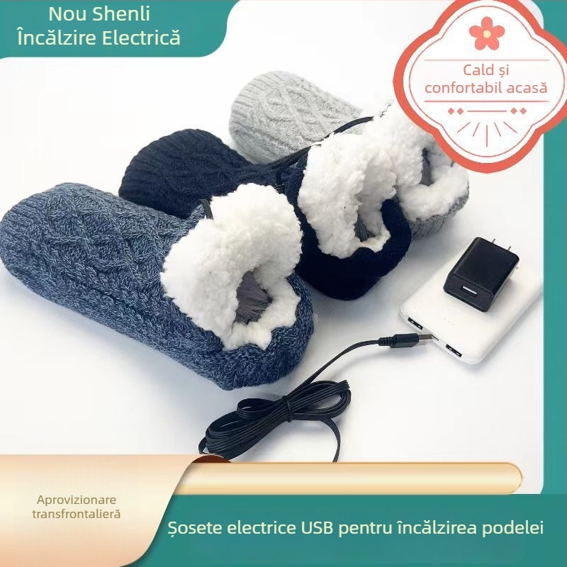 Papuci USB încălziți pentru casă, model în carouri, încălzire de iarnă