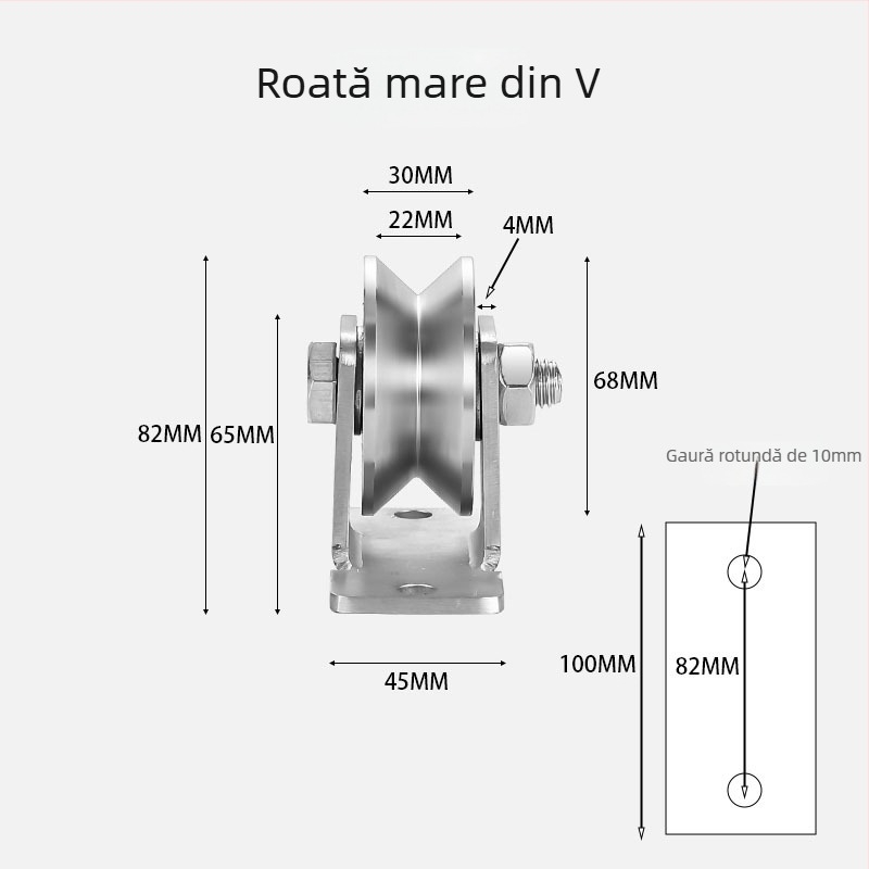 Roata ghidare pentru uși glisante, din oțel inoxidabil 304, configurații în V, U și I