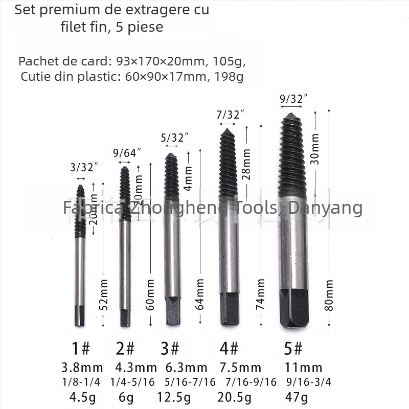Set extractoare de șuruburi cu dinți fini pentru eliminarea șuruburilor rupte | 5 piese | Dimensiuni 5/6/8/11 | Material: oțel carbon și oțel crom-molibden