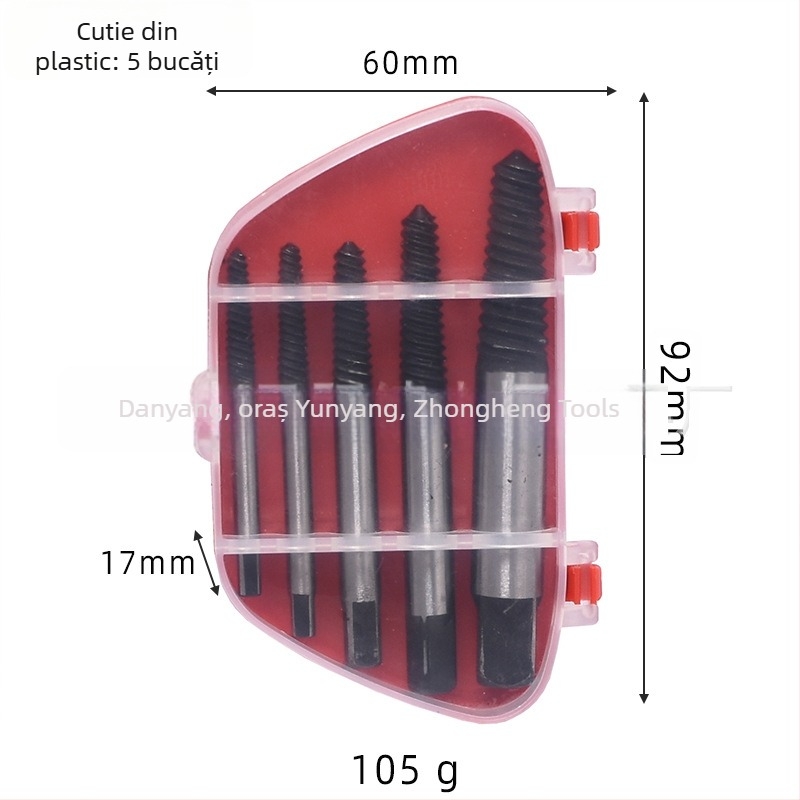 Set extractoare de șuruburi cu dinți fini pentru eliminarea șuruburilor rupte | 5 piese | Dimensiuni 5/6/8/11 | Material: oțel carbon și oțel crom-molibden