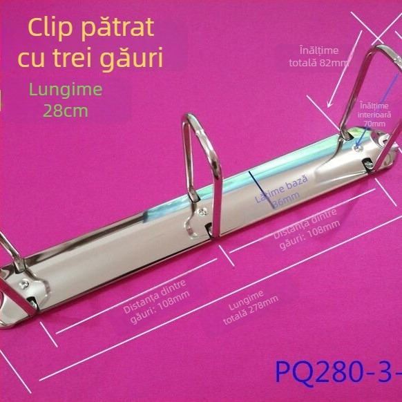 Clip pentru documente, formă Q, cu trei găuri, metal, model PQ280-3-65/36, format A4, ambalare carton