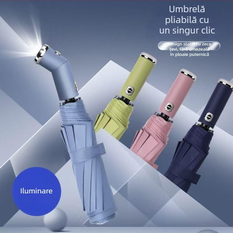 Umbrelă cu LED – automată, dublă utilizare, rezistentă la vânt, protecție UV UPF50+, pliabilă