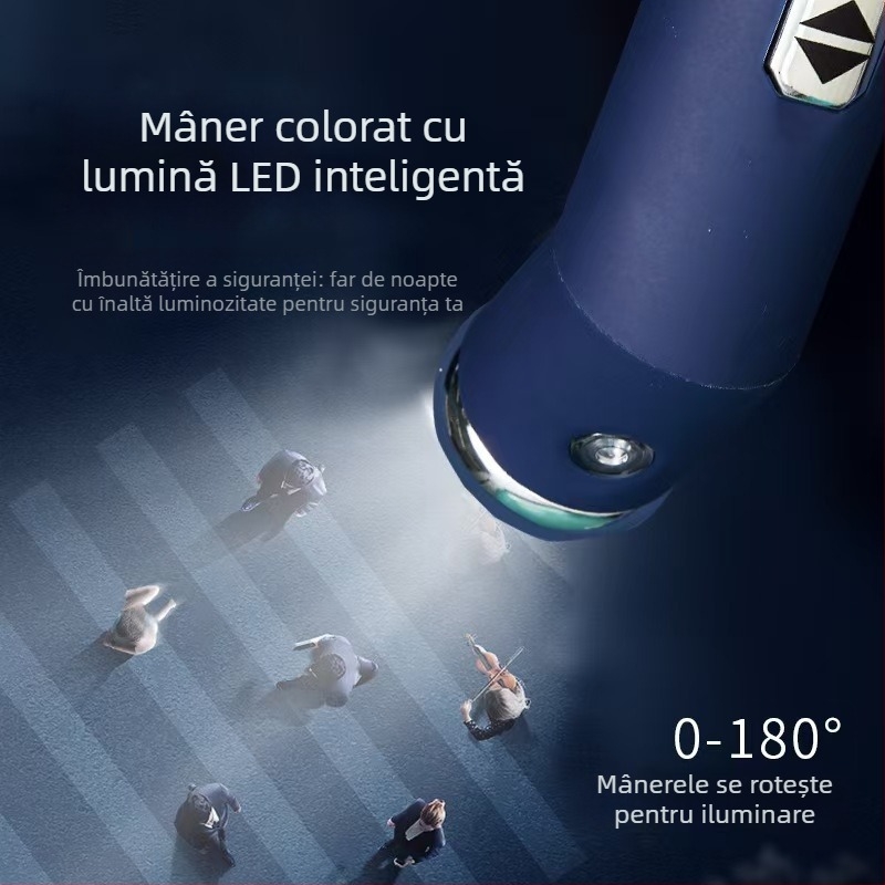 Umbrelă cu LED – automată, dublă utilizare, rezistentă la vânt, protecție UV UPF50+, pliabilă