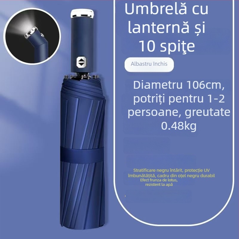 Umbrelă cu LED – automată, dublă utilizare, rezistentă la vânt, protecție UV UPF50+, pliabilă