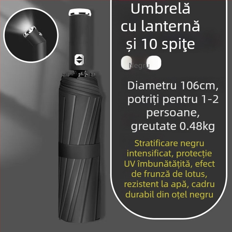 Umbrelă cu LED – automată, dublă utilizare, rezistentă la vânt, protecție UV UPF50+, pliabilă