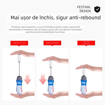 Umbrelă pentru copii cu LED, deschidere/închidere automată, ramă din aliaj cu 8 brațe, design desen animat, protecție UV UPF50+