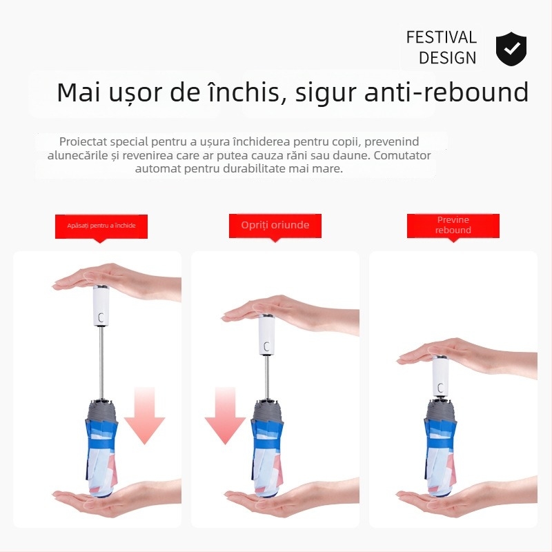 Umbrelă pentru copii cu LED, deschidere/închidere automată, ramă din aliaj cu 8 brațe, design desen animat, protecție UV UPF50+