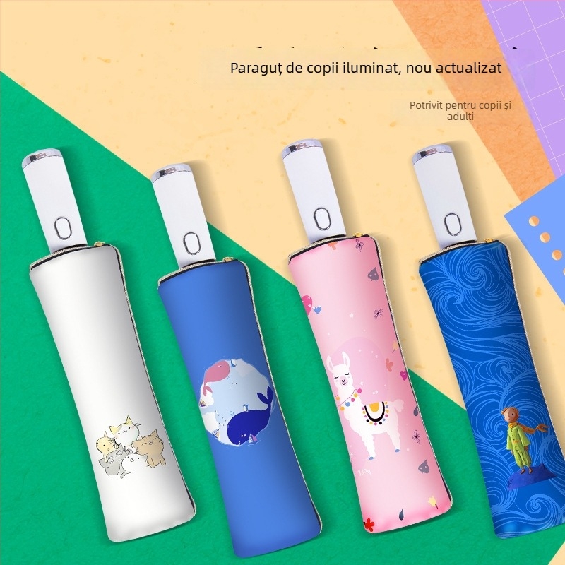 Umbrelă pentru copii cu LED, deschidere/închidere automată, ramă din aliaj cu 8 brațe, design desen animat, protecție UV UPF50+