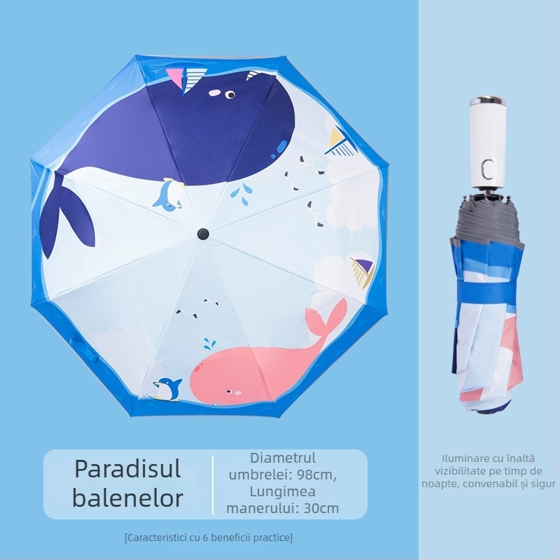 Umbrelă pentru copii cu LED, deschidere/închidere automată, ramă din aliaj cu 8 brațe, design desen animat, protecție UV UPF50+