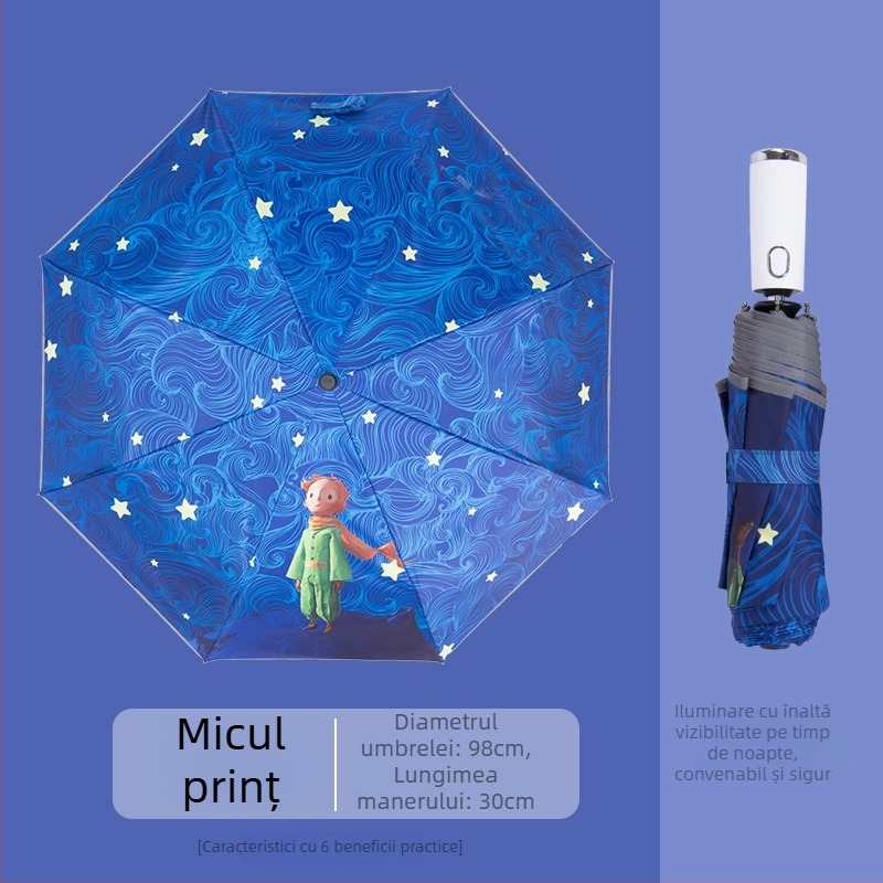Umbrelă pentru copii cu LED, deschidere/închidere automată, ramă din aliaj cu 8 brațe, design desen animat, protecție UV UPF50+