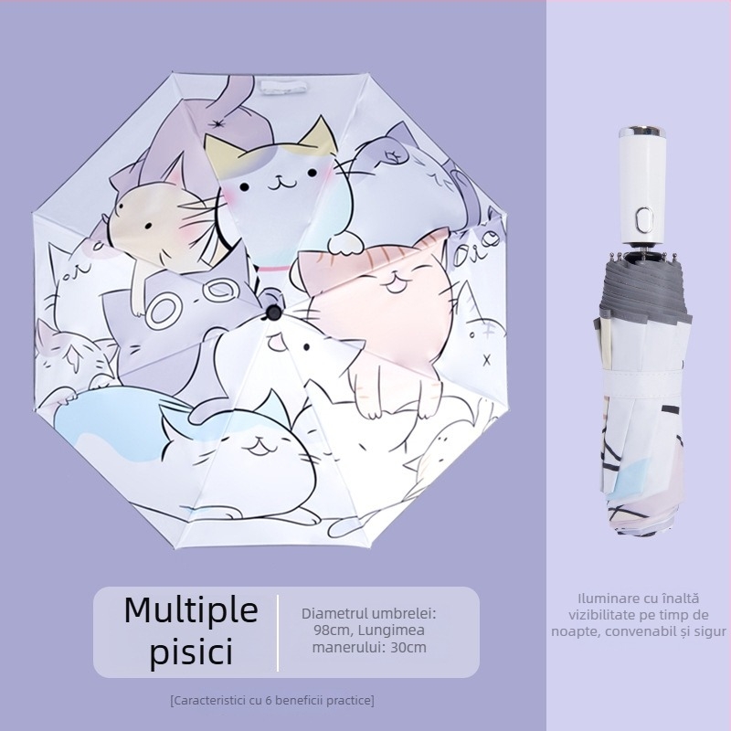 Umbrelă pentru copii cu LED, deschidere/închidere automată, ramă din aliaj cu 8 brațe, design desen animat, protecție UV UPF50+