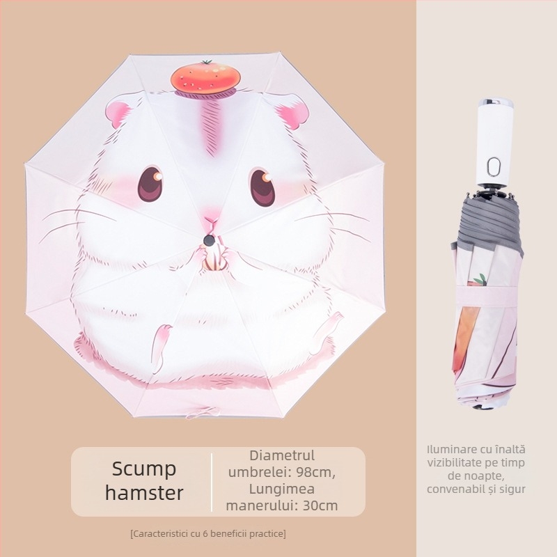 Umbrelă pentru copii cu LED, deschidere/închidere automată, ramă din aliaj cu 8 brațe, design desen animat, protecție UV UPF50+