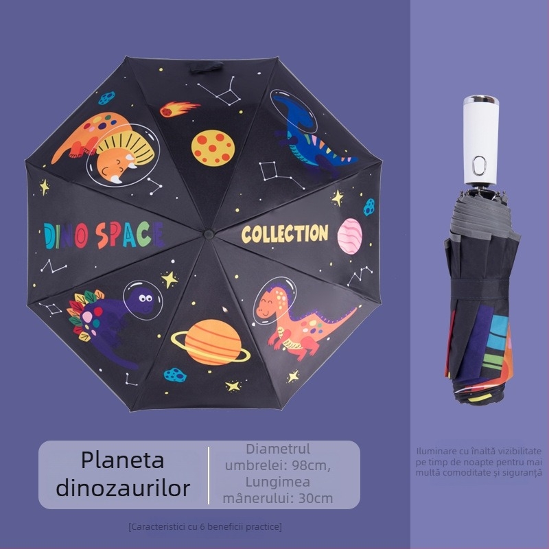 Umbrelă pentru copii cu LED, deschidere/închidere automată, ramă din aliaj cu 8 brațe, design desen animat, protecție UV UPF50+