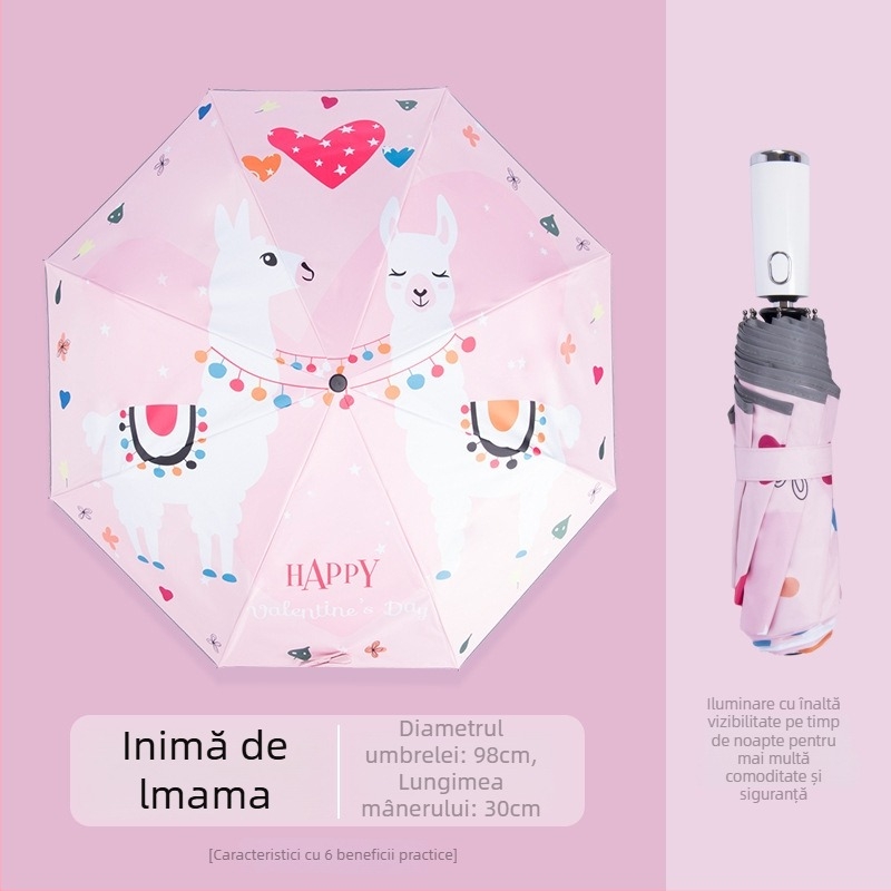 Umbrelă pentru copii cu LED, deschidere/închidere automată, ramă din aliaj cu 8 brațe, design desen animat, protecție UV UPF50+