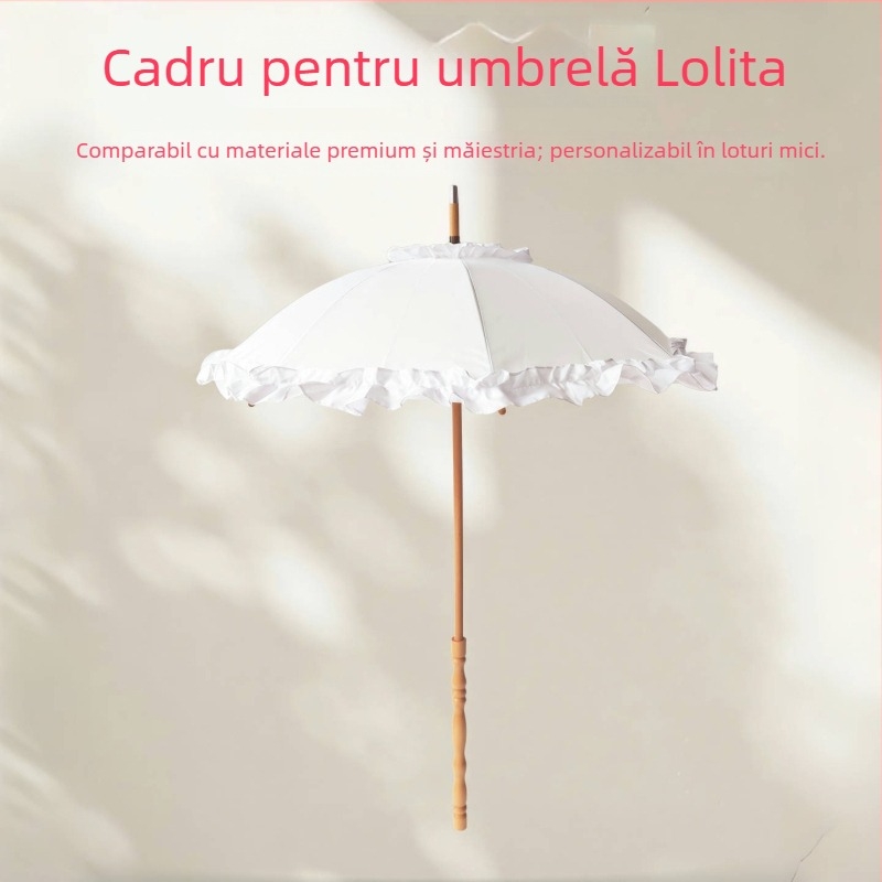 Lolita pagodă umbrelă cu dantelă – 8 Nervuri, mâner lung, deschidere/închidere manuală, țeavă și mâner din lemn solid, nervuri din fibră, decor dantelat, logo personalizabil